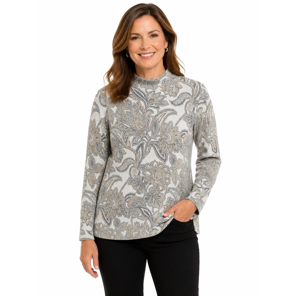 Chico's‎ Mock Neck Sweater Womens Size M Gray Floral Metallic Quarter Zip Back
